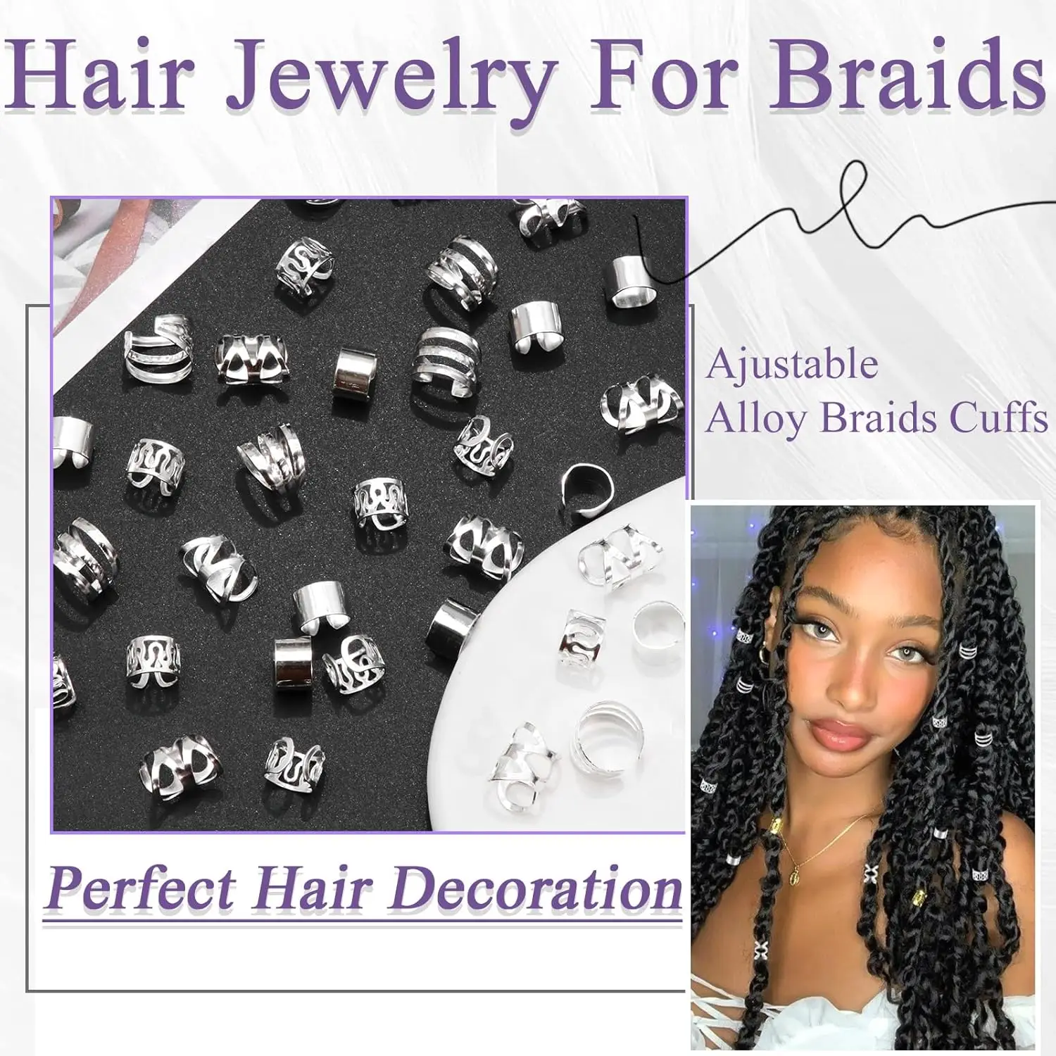40개입 헤어 주얼리 브레이드용 실버 헤어 링 다양한 모양의 록 드레드락 비즈 조절 가능한 브레이드 액세서리 여성 및 소녀용