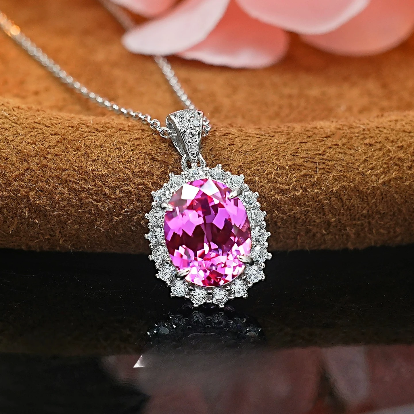 S925 silver necklace 3ct pink cultivated gemstone pendant women's oval surround set light luxury daily commuting jewelry