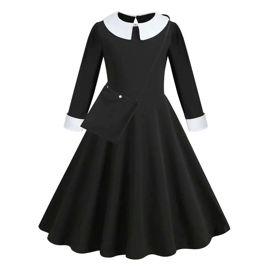 W-Wednesday Addams Costume Girl Dress for Girls Black Dress Halloween