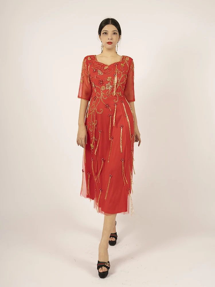 

Bespoke Mother Of The Bride Dress For Wedding Elegant Red Evening Dress With Tassel Embroidery MM173
