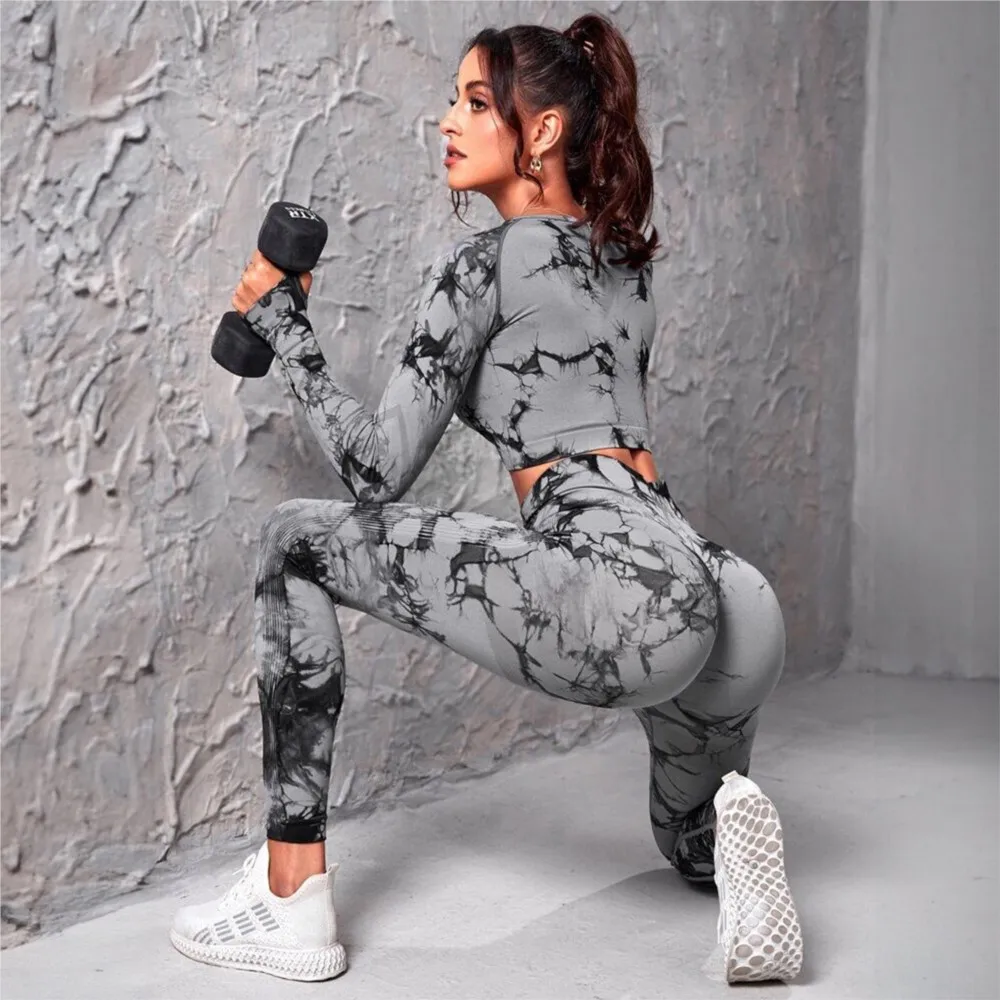 

Tie-dye Sports Long-sleeved Trousers 2 Piece Set Spring Summer Women's High-waisted Tight Trousers Yoga Set Conjuntos Femininos