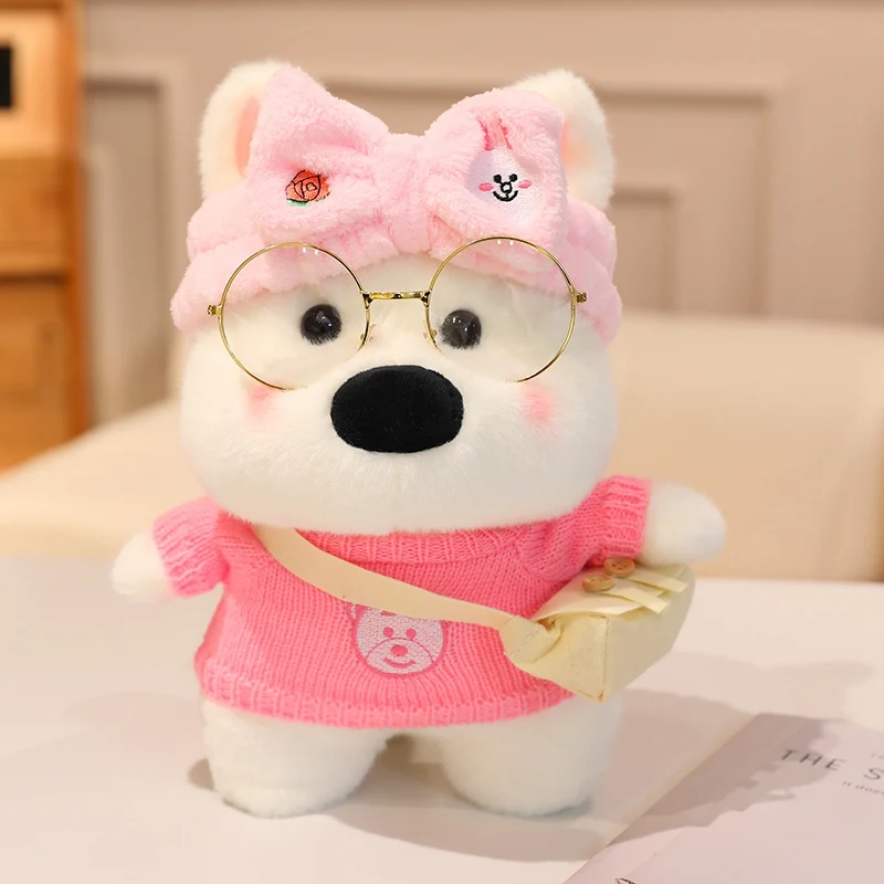 

Kawaii Plush Stuffed White Dog Toys Doll Pillow Wearing Sweater Hat And Glasses Home Decoration Birthday Gifts