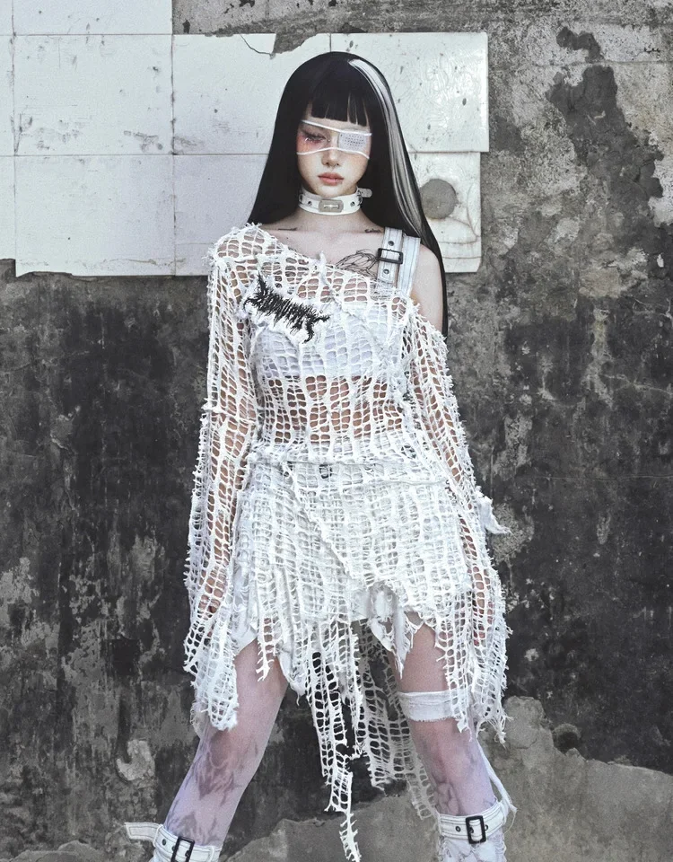 IMU Blood Supply Knitted Hole Punk White Asymmetric Designer Shirt Off One Shoulder Long Sleeve Subculture Hollow Out Shirt Top