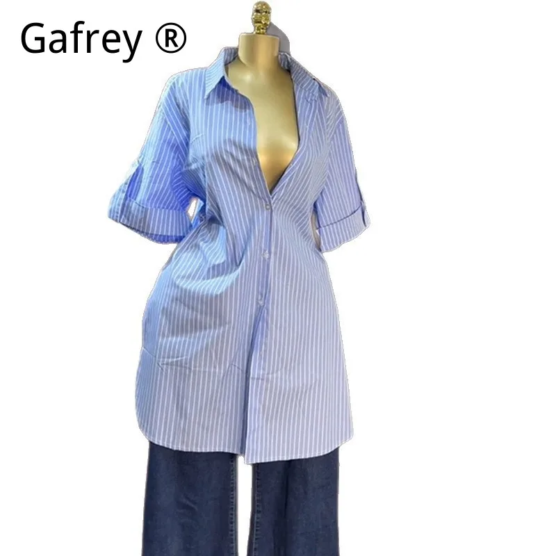 

Women Fashion Striped Collared Short Sleeve Shirt Single Breasted Mid-Length Tunic Top Summer Slimming Casual Blouse XL XXL