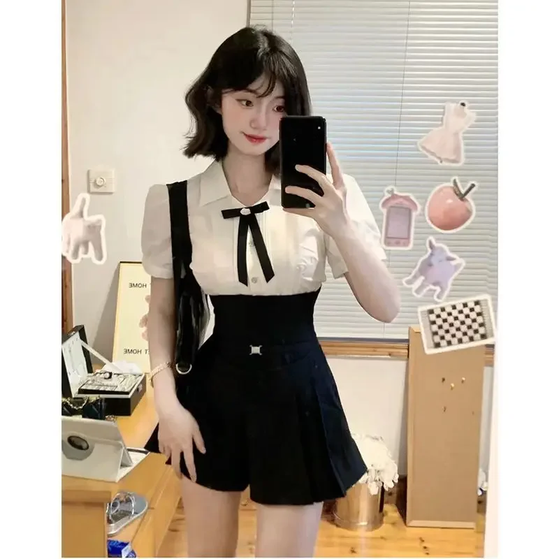 Set uniforme scolastica per ragazza calda in stile college americano Set di culottes a vita alta con fiocco superiore migliorato Set uniforme Jk quotidiano in stile giapponese coreano