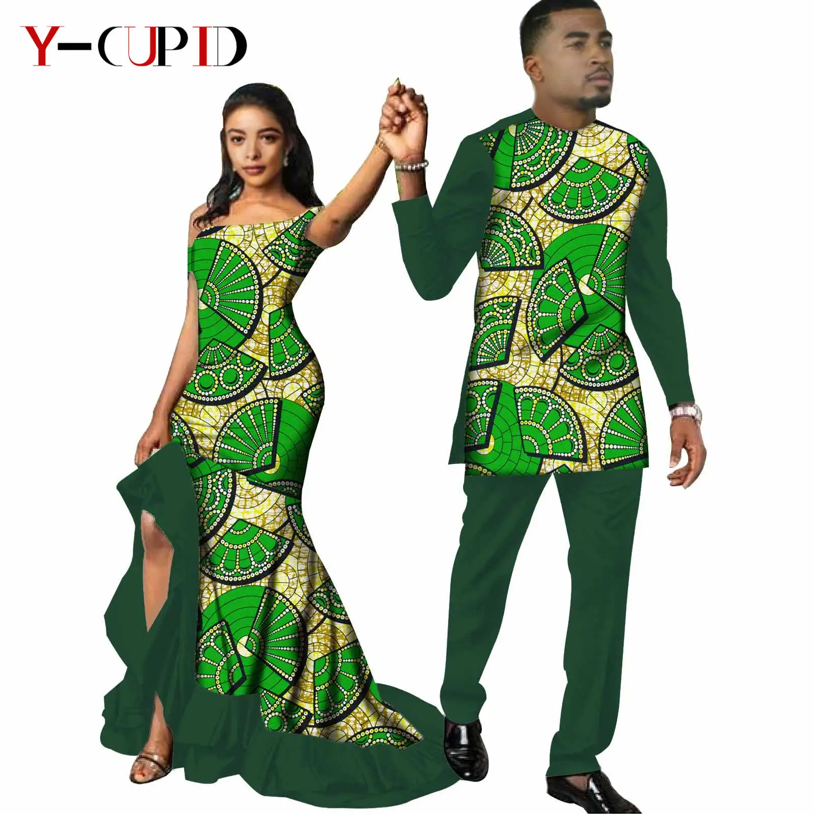 African Print Long Dresses for Women Matching Couple Outfits Dashiki Men Top and Pants Sets Bazin Riche Wedding Vestidos S20C009