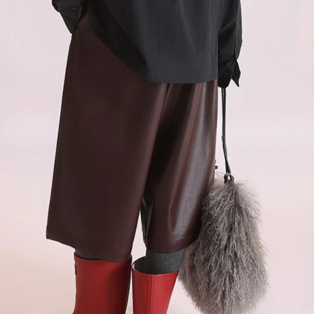 TWOTWINSTYLE ソリッドスプライス ポケットレザーパンツ 女性用 ハイウエスト ルーズ ストリートウェア ヴィンテージ レディースパンツ 秋の新作ファッション