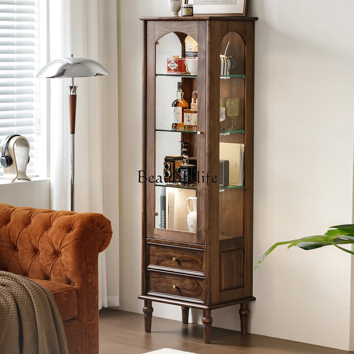 

North American black walnut wine cabinet medium antique solid wood retro display cabinet