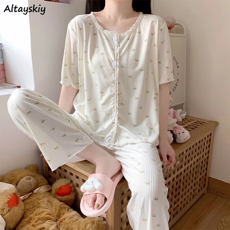 

Pajama Sets Women Floral Button Up Loose Thin Cool Home Lazy Sweet Soft Youth College Sleepwear Basic Fashion Summer Females Ins