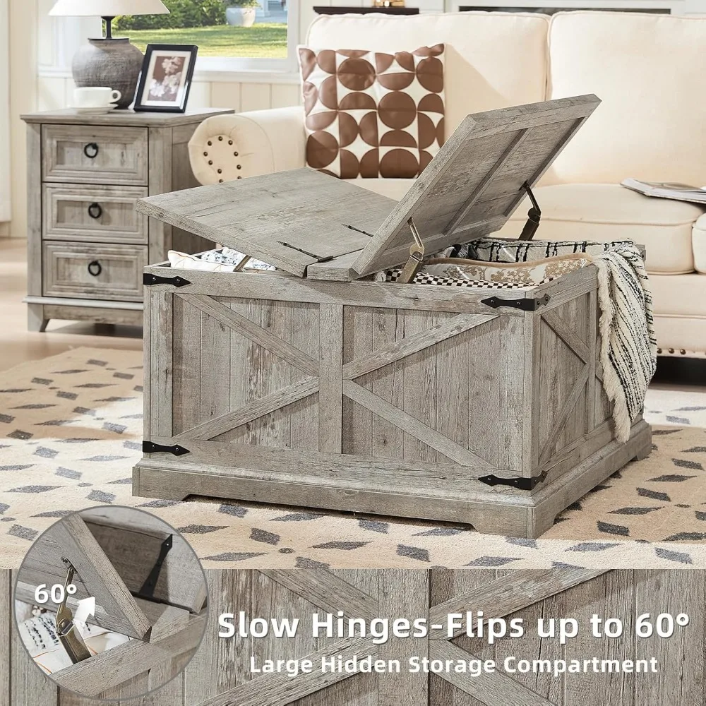 Rustic Modern Coffee Table with Large Storage, Light Oak Square Design for Living Room