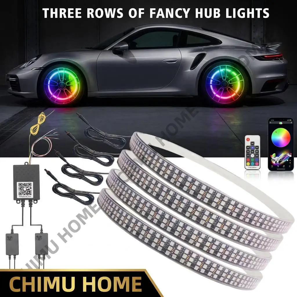 

【CHIMU HOME】 3-Row RGB LED Wheel Hub Decoration Kit APP Remote Control Color Changing Chase Underglow Accessories 12V