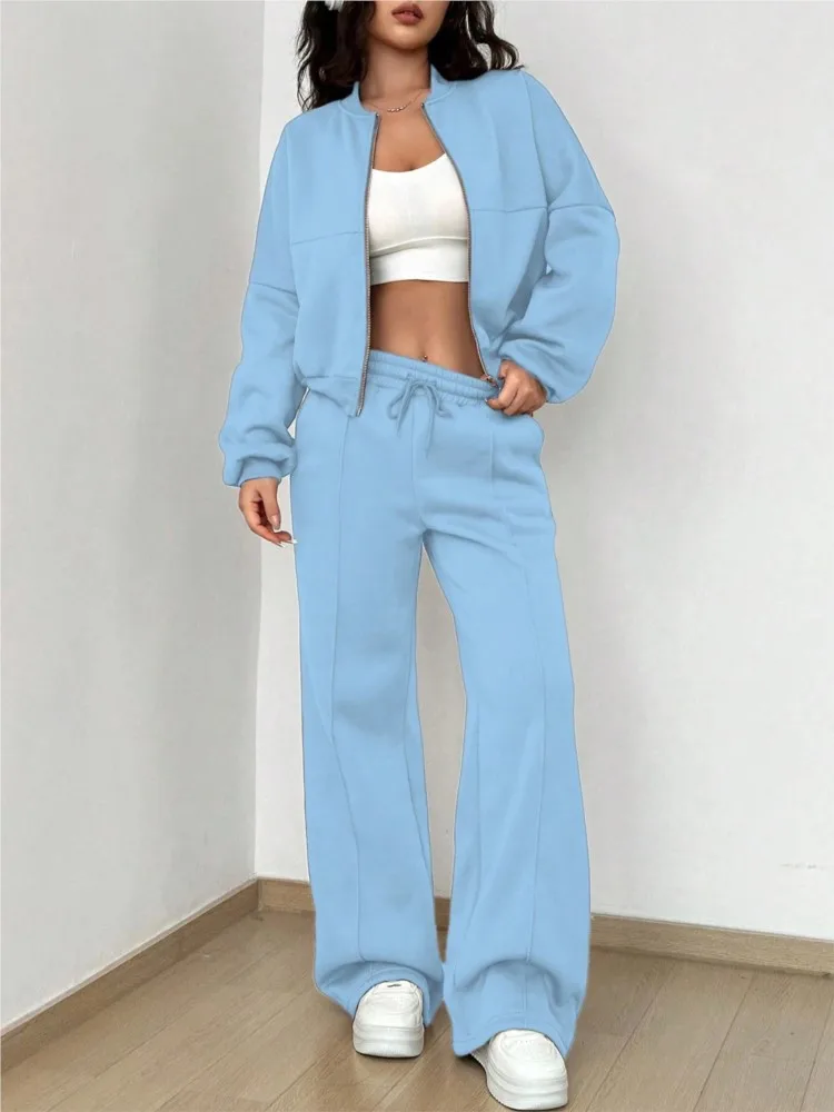 Autumn Winter New Cardigan Zipper Sportswear Women\'s Suit Solid Color Fashion Slim Simple Casual Straight Leg Pants 2 Piece Set