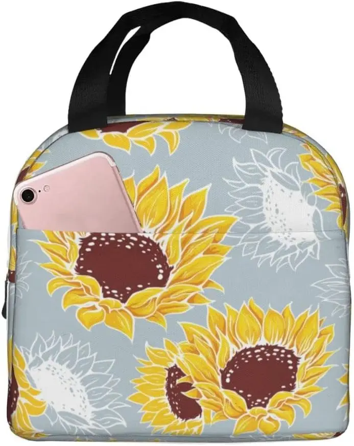 Fiambrera de girasol amarilla reutilizable, bolsa de almuerzo aislada Floral con bolsillo frontal portátil, 8,5x5x8 pulgadas