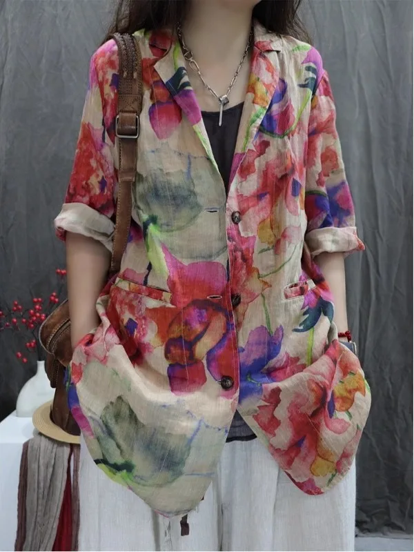 بدلة نسائية كلاسيكية من القطن والكتان Jaet صيف 2025 مطبوعة بالزهور فضفاضة تناسب متعددة الاستخدامات ملابس مكتب طويلة قابلة للتنفس