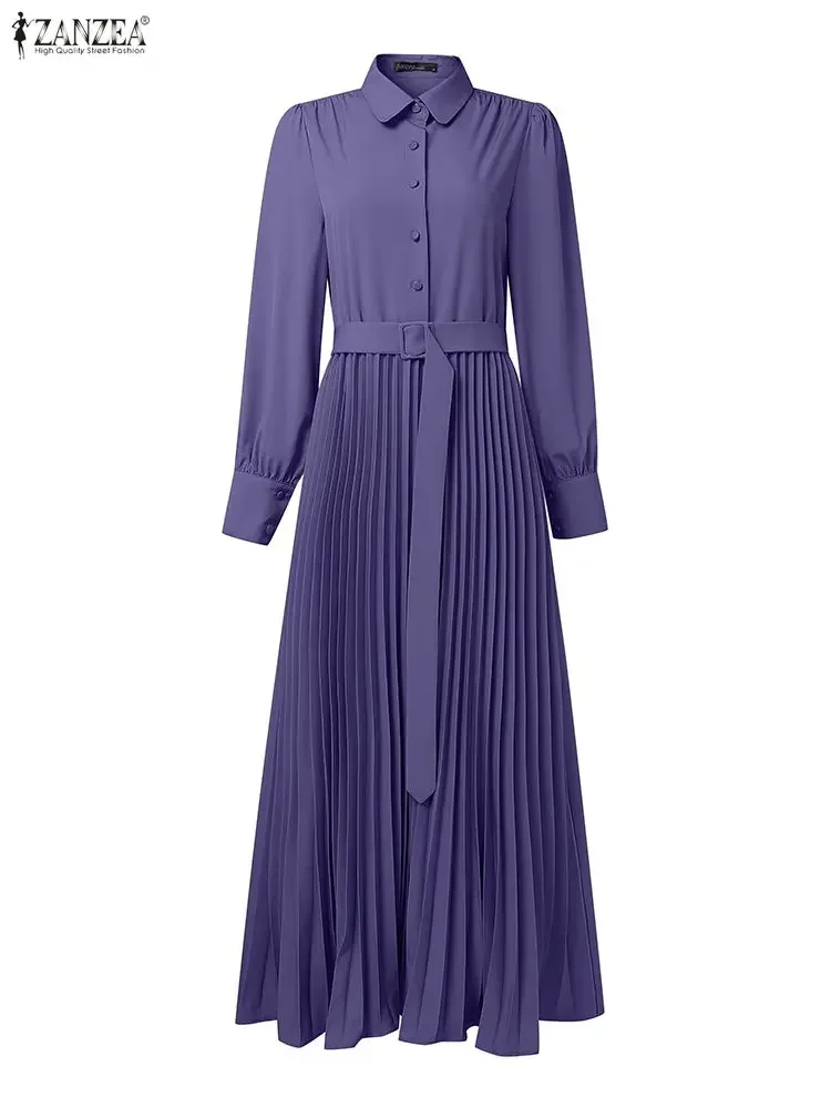 Fashion Autumn Muslimn Abaya Dress ZANZEA Women Dresses 2025 Elegant Lapel Long Sleeve Pleated Sundress Hijab Long Robe Femme 2