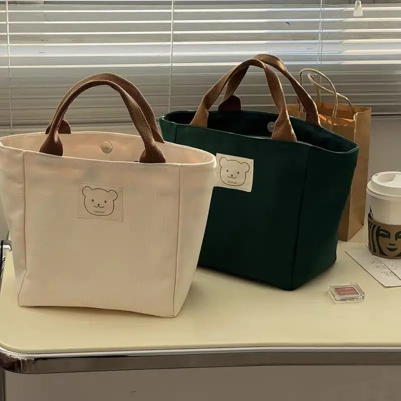 Casual Student Canvas Tote Bag Cartoon Bear Larger Capacity Handbag Women Simple Work Mini Lunch Bags