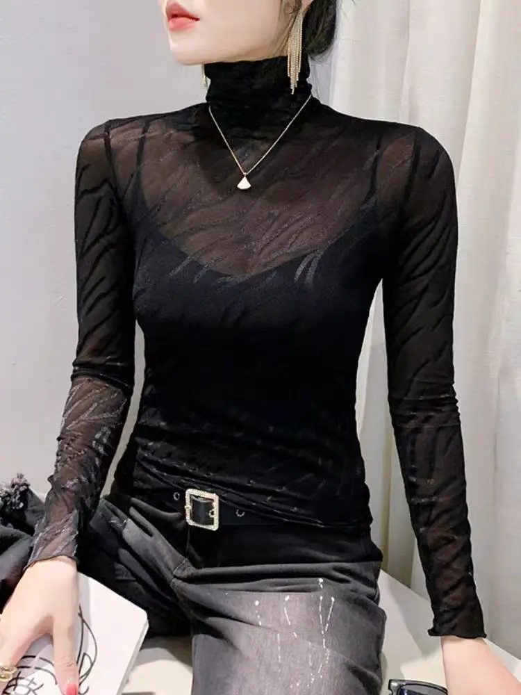 Single Layer Mesh Base T Shirt Girls Long Sleeve Turtleneck Transparent Tees Slim Women See Through Black Tshirts