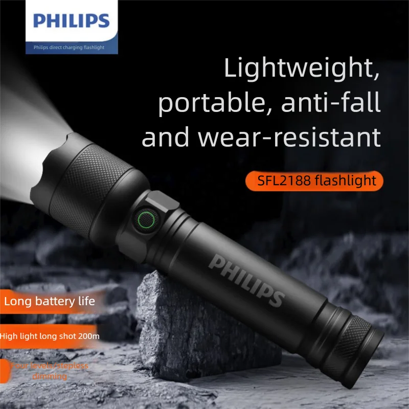 2025 NOWA latarka Philips SFL2188 LED ze stopu aluminium Przenośna latarka kempingowa ładowana przez USB do wędrówek na świeżym powietrzu