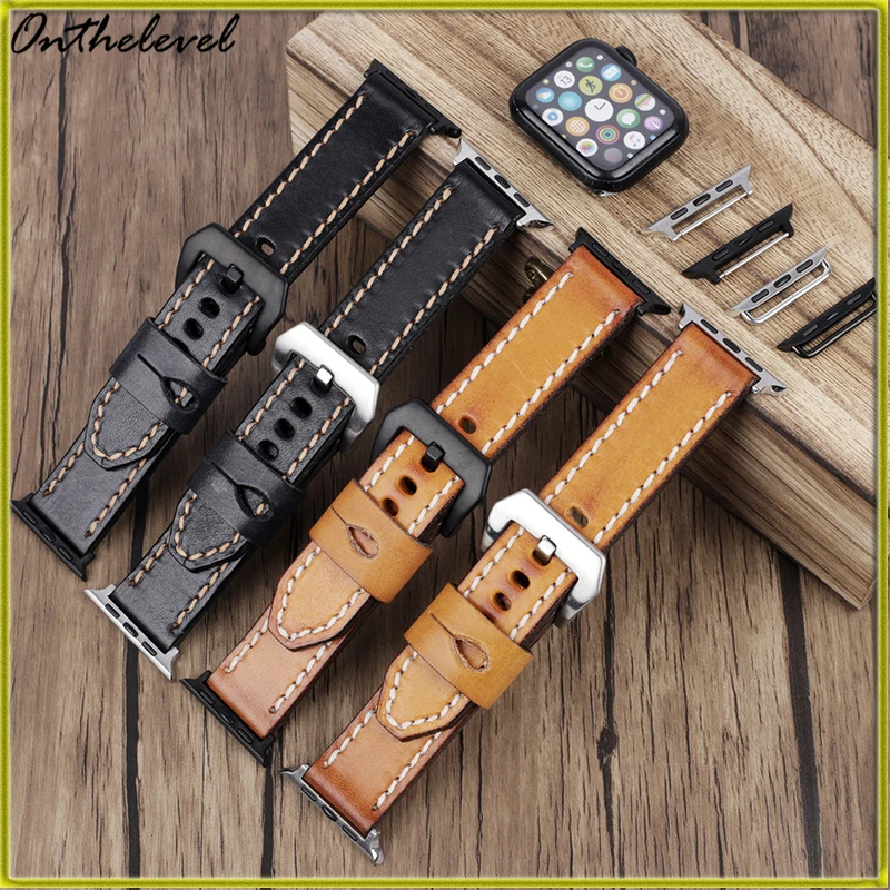 

Luxury Watch Band for Apple Watch Handmade Waxed Genuine Leather Pin Buckle Watch Strap for Smart Watches 38 40 42 44 mm