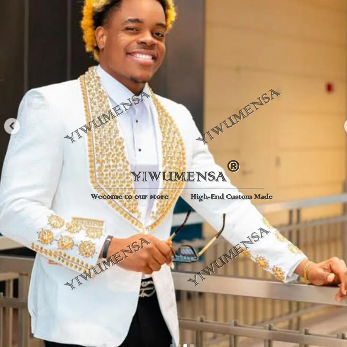 

Metallic Jewelry Ornament Wedding Suits For Men Single Breasted Prom Blazers Customized 2 Pieces Groom Tuxedos traje de hombre