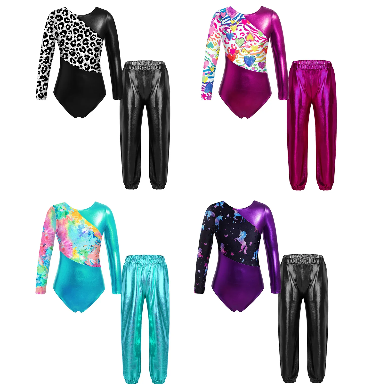 Kids Girls Long Sleeve Gymnastics Leotard with Pants Ballet Unitard Outfits Athletic Practice Jumpsuit Workout Dance Bodysuit