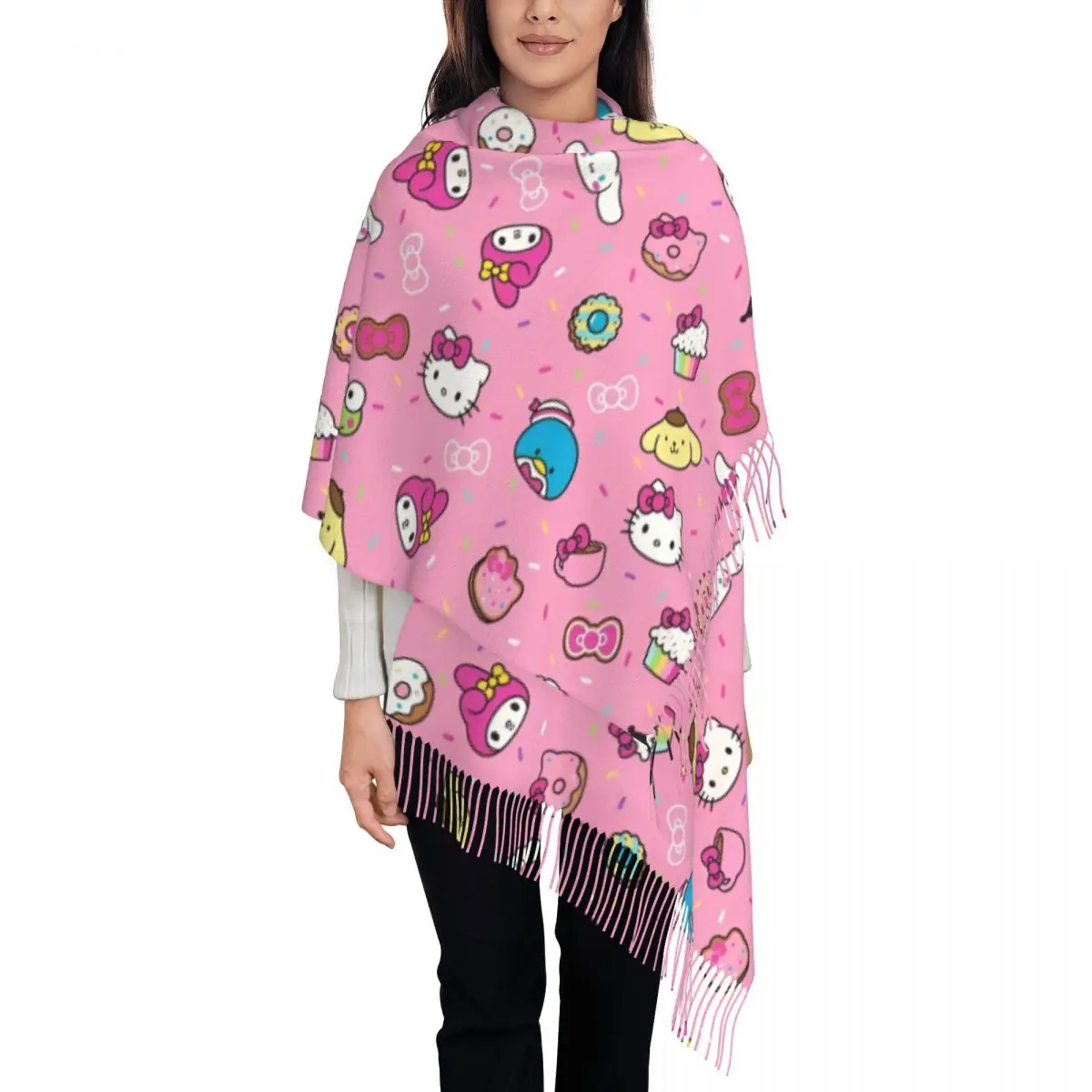 

Женская шаль Hello Kitty, теплый длинный мягкий шарф, шейный платок, шарфы с кисточками