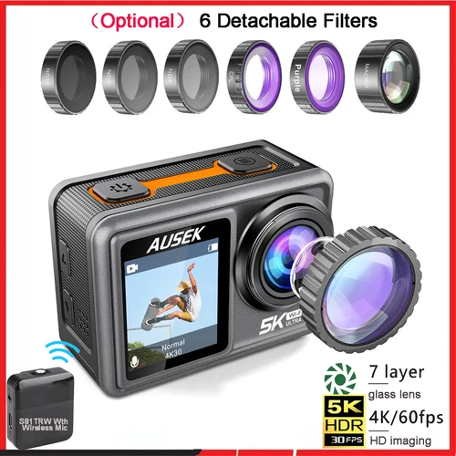 S81TRW 액션 카메라, 5K, 4K60FPS, 48MP EIS DVR 웹캠, 2 인치 IPS 듀얼 스크린 옵션, 6 필터 무선 마이크, Wi-Fi 스포츠 캠
