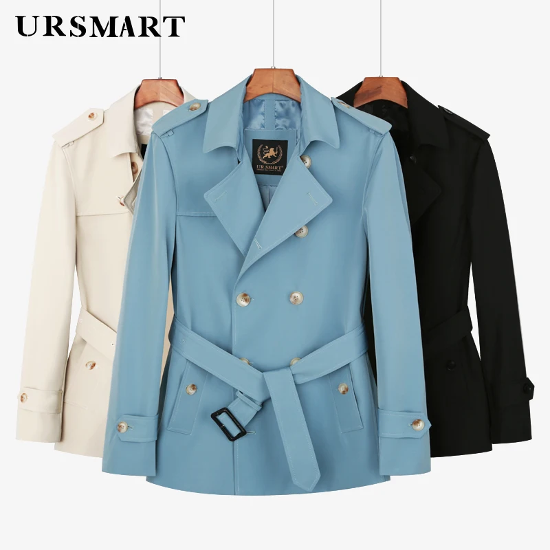 2024 Short Trench coat  men double breasted youth jacket Spring and Autumn New fashion thin sky blue mens windbreaker