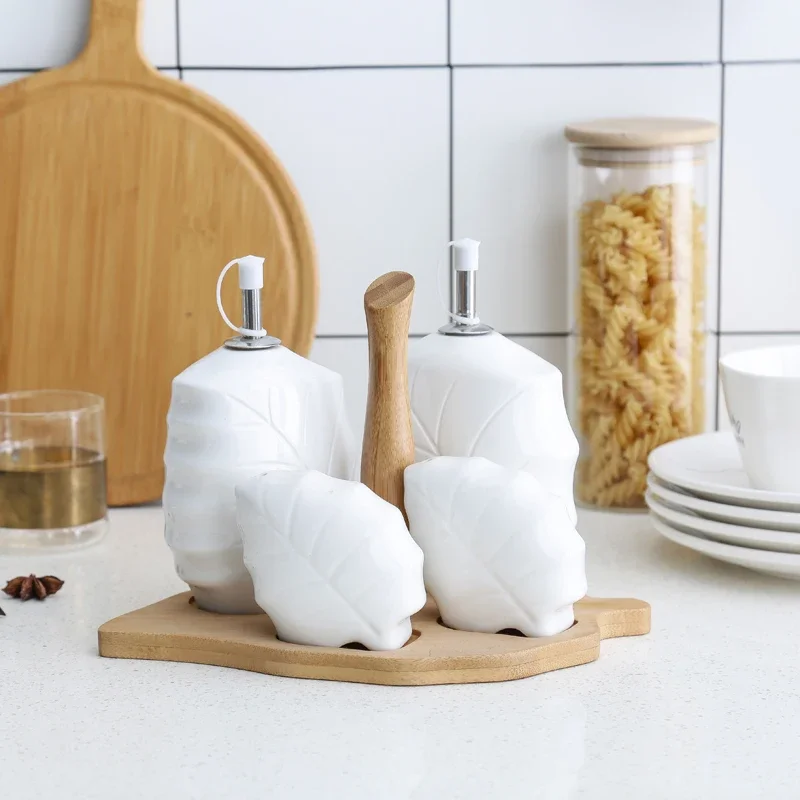 White Ceramic Kitchen Seasoning Tank Set Wooden Cover Salt Shaker Spice Jar Sealed Jar Oil Bottle Kitchen Accessories