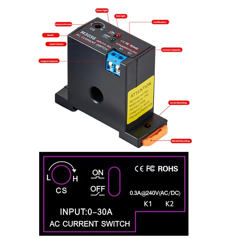 M3050 Guide Rail Current Sensing Switch AC Normally Open Proximity Switch Relay 0.2-30A Adjust Inductor Switch Alarm Transformer