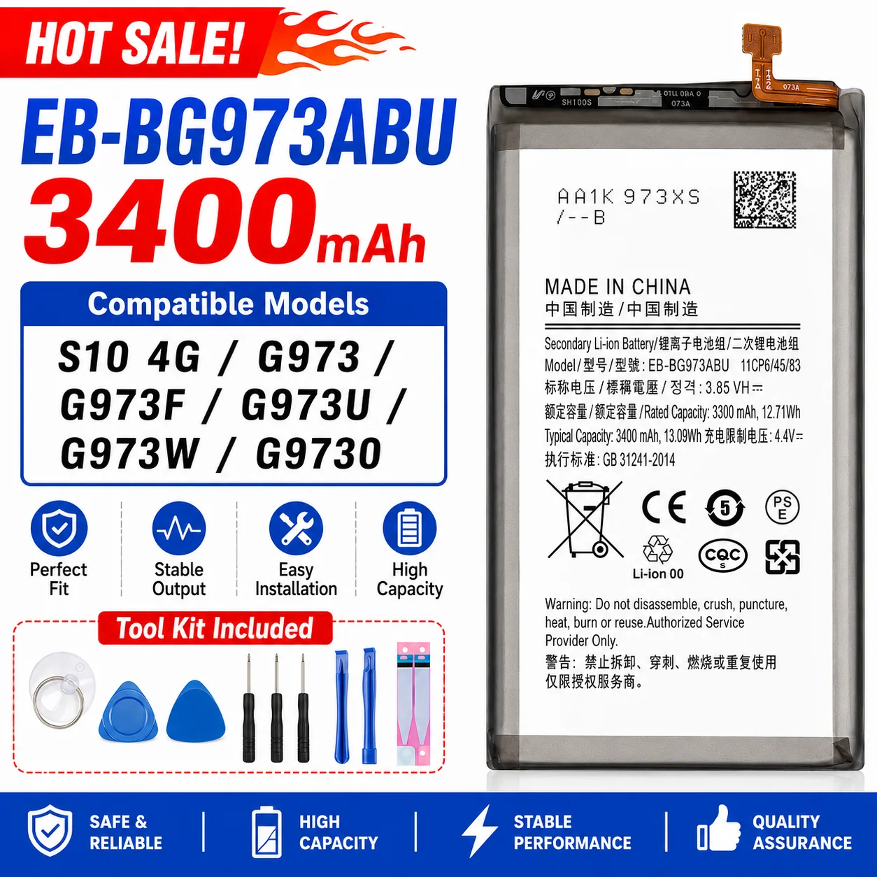 3400mAh EB-BG973ABU Replacement Battery For Samsung Galaxy S10 S10 X SM-G973 G973 Series With Repair Tools
