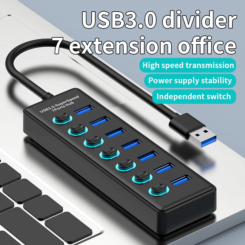 7 Ports USB 3.0 Hub With Independent Power Switch 5Gbps High‑Speed USB Splitter Adapter For Computer Laptop