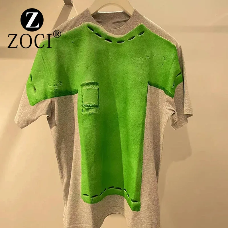 Unique Design Sense Buying Shop, Green Printed Short Sleeved T-shirt 2024 Summer New Style, Chic