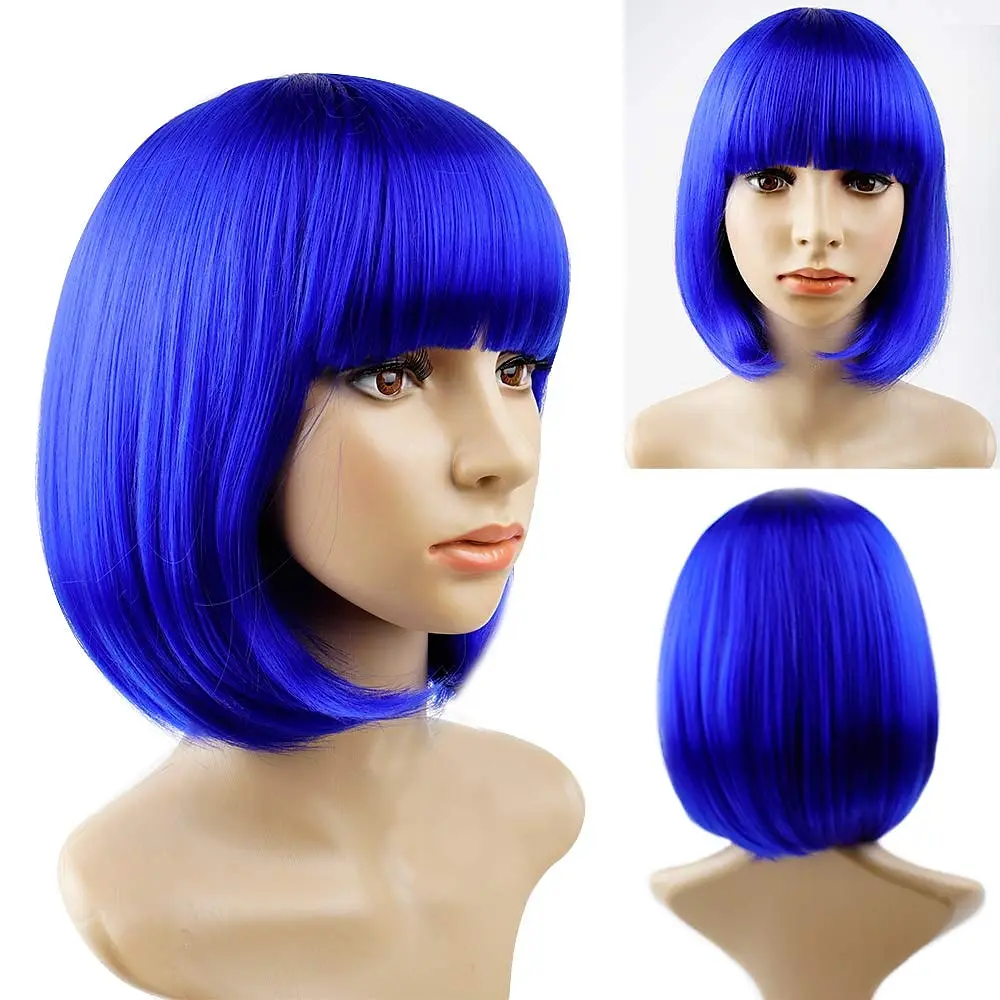 HAIRJOY Syntetyczna peruka z grzywką 12 cali Królewska niebieska peruka krótka dla kobiet Krótkie peruki Bob i Halloween Cosplay