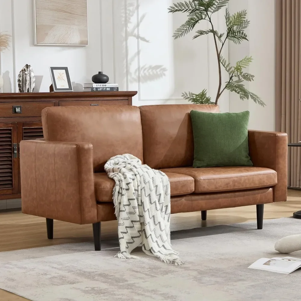 

65 Loveseat Sofa, Faux Leather Love Seat Couch, Mid Century Modern Couch with Solid Wooden Frame for Living Room & Bedro