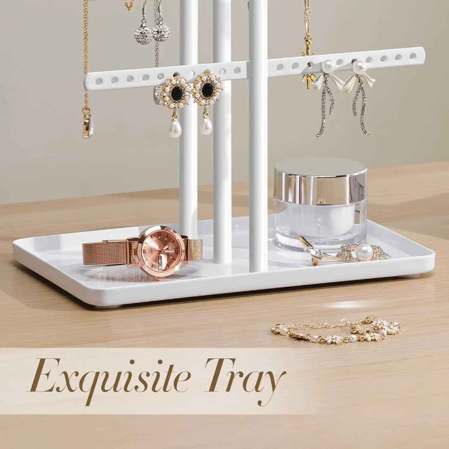 Jewelry Holder Organizer Stand - Adjustable Jewelry Hanger For Necklace Earrings Bracelets Rings Storage Shelf White Rings Rack