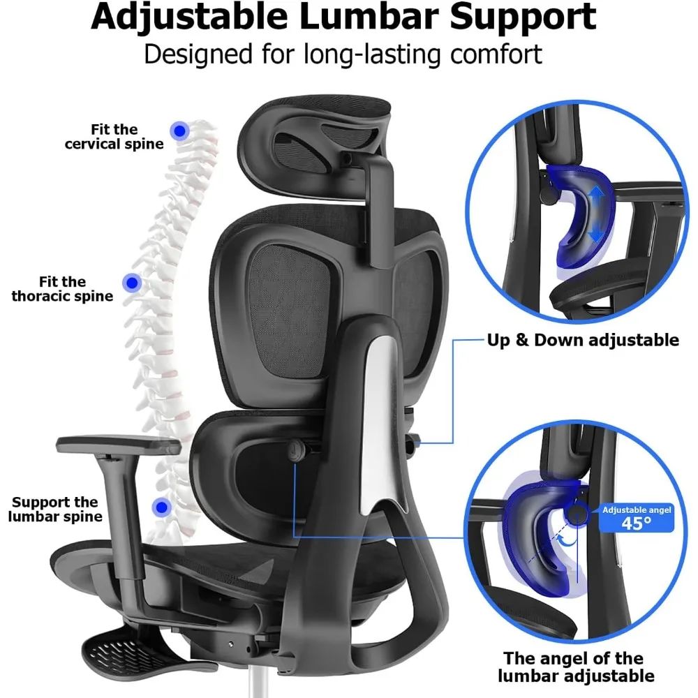 Kursi kantor jala ergonomis, dengan sandaran tangan 3D dapat disesuaikan, kursi komputer meja belakang tinggi Ergo3d, kursi kantor ergonomis dengan roda