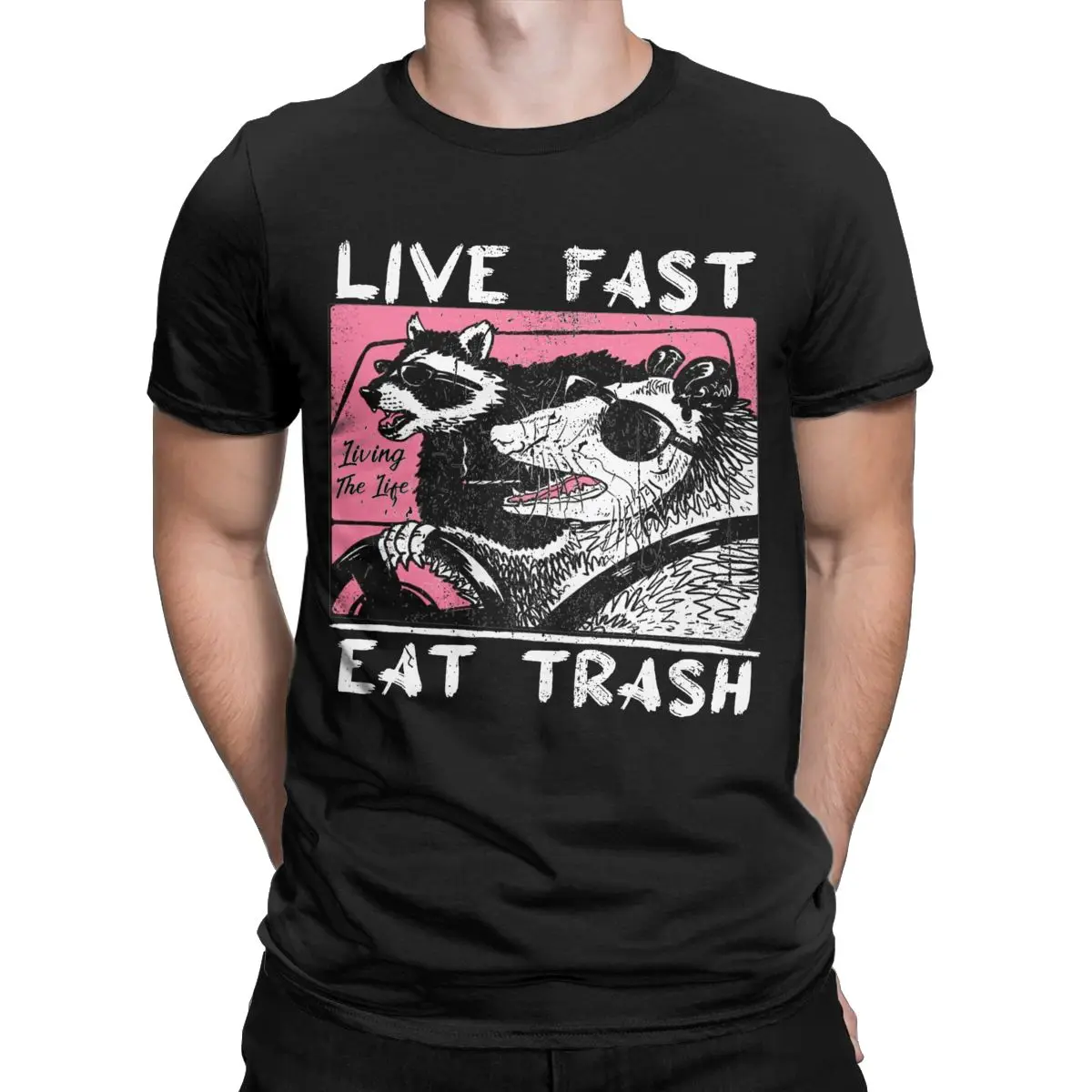 Live Fast Eat Trash Raccoon And Opossum Ride Car T Shirts Men Pure Cotton T-Shirt Crew Neck Tee Shirt Short Sleeve Tops Big Size