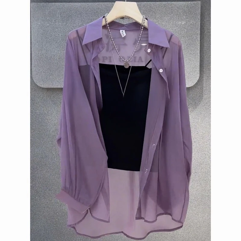 Pearlescent Yarn Sunscreen Chiffon Shirt Jacket  Women Summer Thin Icy Super Smooth Commuting Outerwear Cardigan Light Thin Top