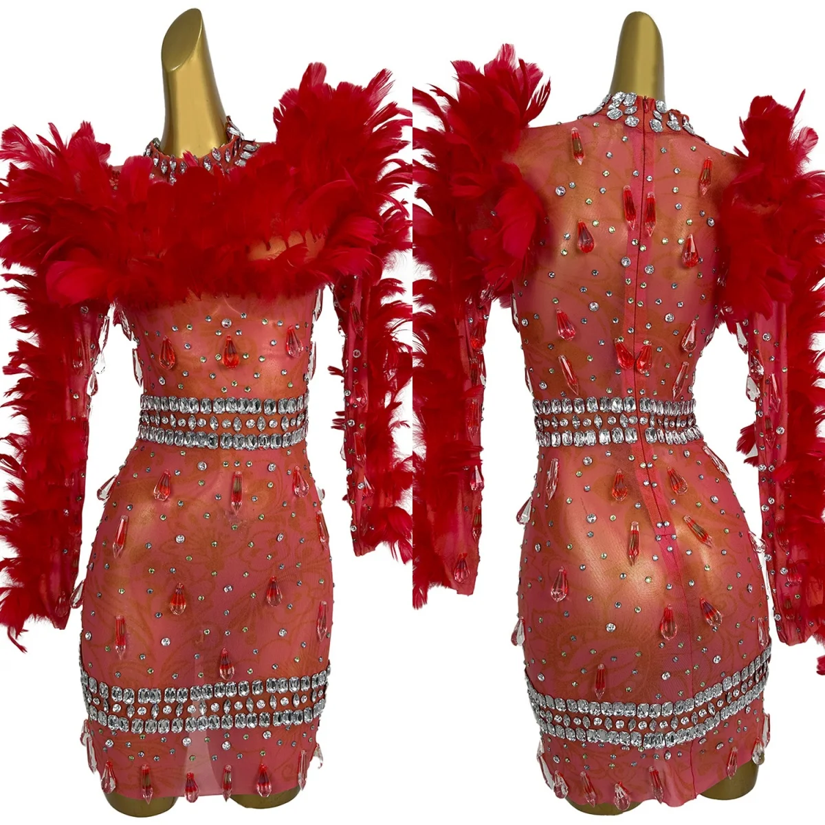 

Sparkly Rhinestone Feather Long Sleeved Short Dress Night Out Dress-up Birthday Party Sexy Women See Through Mesh Outfit Emao