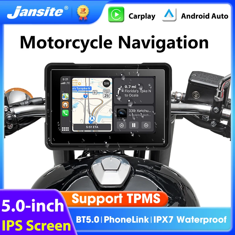 

Jansite 5 inch Motorcycle Navigation GPS Wireless Carplay&Android Auto Bluetooth 5.0 Moto Monitor Touch Screen IPX7 Waterproof