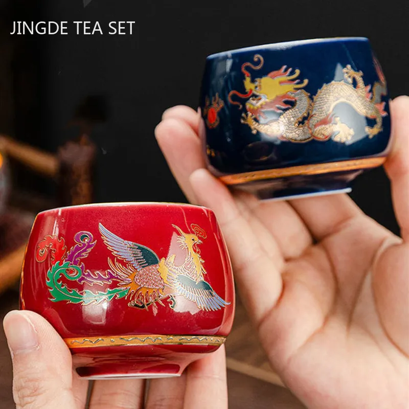 Handmade Ceramic Gilt Tea Cup Creative Dragon and Phoenix Pair Cup Household Master Cup Customized Teacup Tea Set