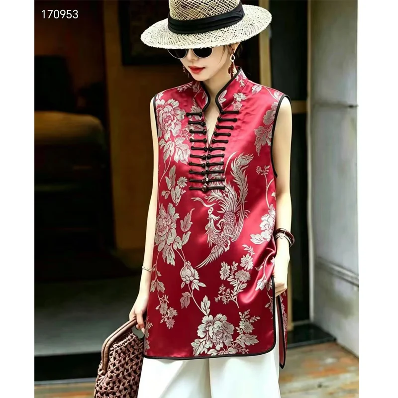 Summer New Chinese Style Single Breasted Design Not Positioned Phoenix Peony Silk Old Satin Jacquard Elegant Noble Women's Vest