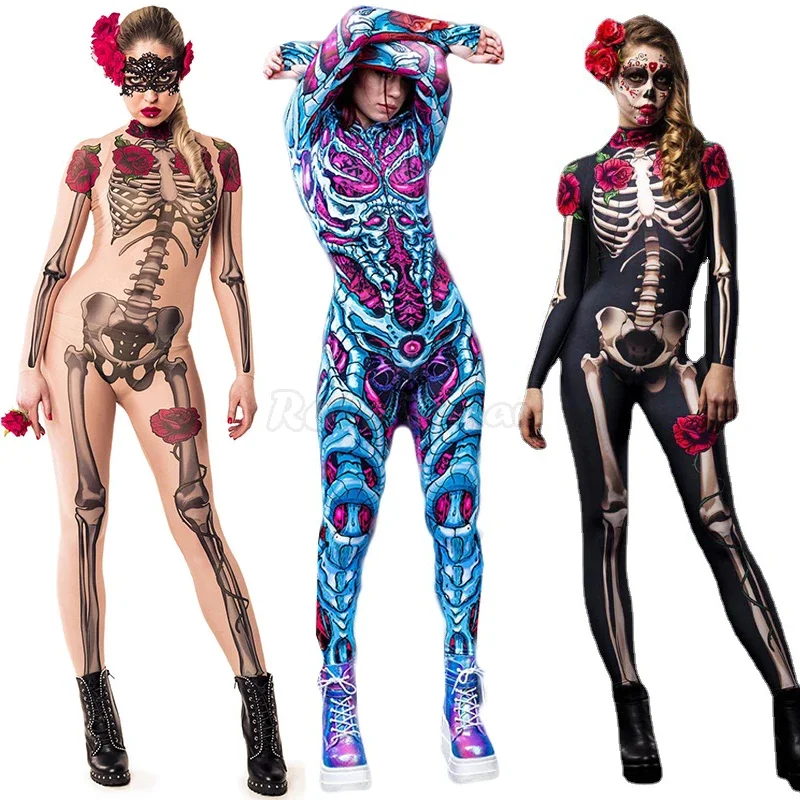 2025 New Halloween Rose Skeleton Cosplay Jumpsuit Women Sexy Scary Skull Ghost Specter Costume Girls 3D Human Print Bodysuit abc