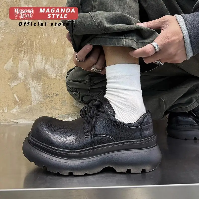 

Big head Mickey leather shoes for men retro thick soled derby shoes with a height increase of 7CM casual lace up work shoes