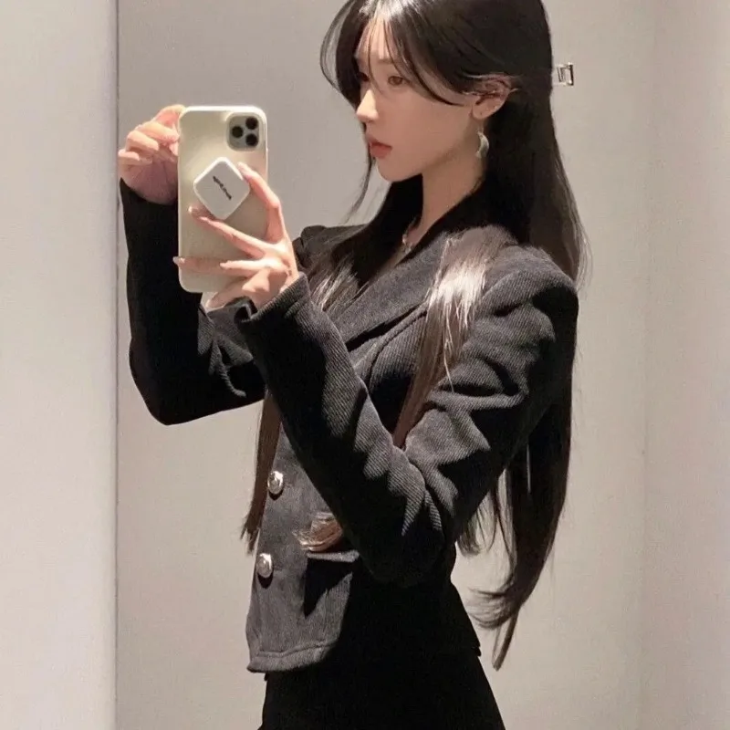 Insozkdg giacca in velluto a coste stile fragranza piccola Set due pezzi donna autunno inverno gonna a vita alta giacca corta tendenza