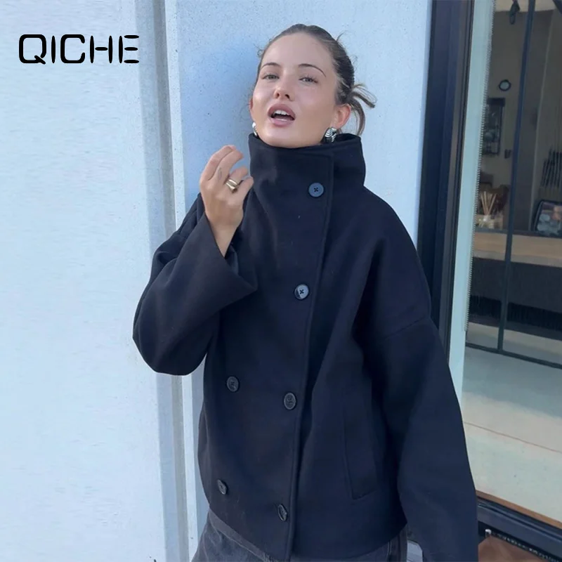QICHE Women Hot‑Sell Double‑Breasted Wool Jacket European American Neutral Stand‑Collar Short Overcoat Commuter Elegant Outerwea