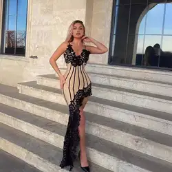 New Women's Sleeveless V Neck Lace Trumpet Strapless Decoration A-line Bandage Dress Bodycon Fashion Celebrity Party Mini Dress