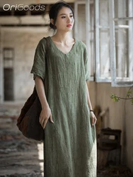 OriGoods Tie Dye Cotton Linen Dress Woman Loose Casual 2025 New Summer Dress Vintage V-neck Short Sleeve Long Elegant Dress B206