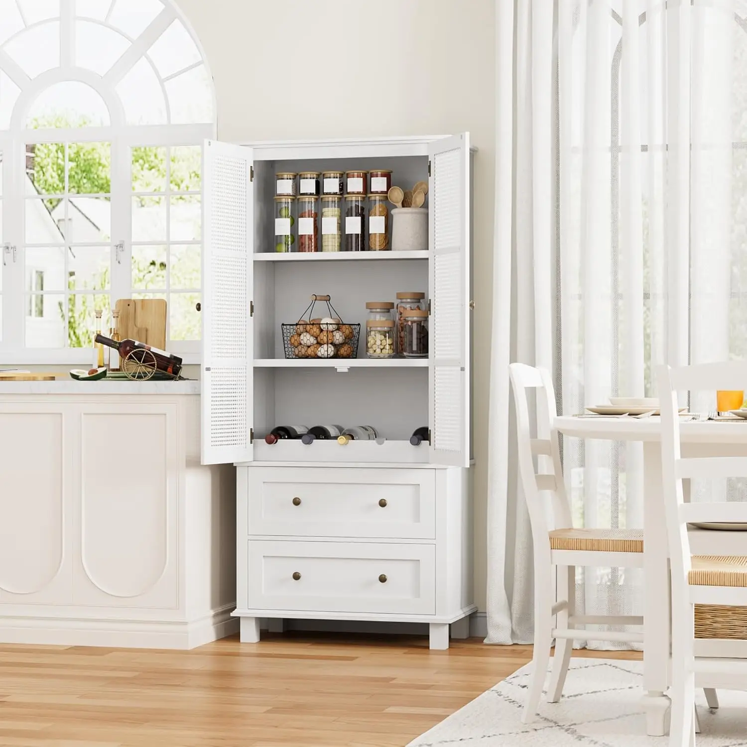 Kitchen Storage Cabinet, Tall Storage Cabinet with Rattan Doors and 2 Drawers with Adjustable Shelf, Utility Pantry for Kitchen